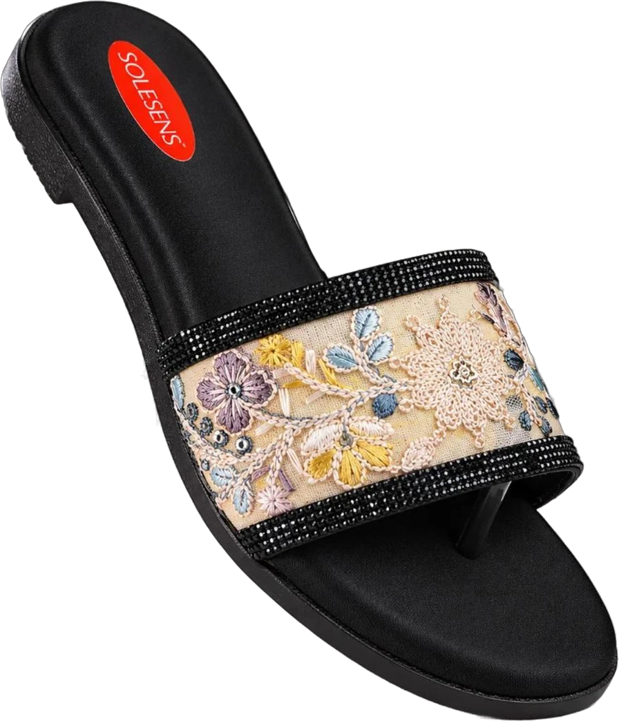 Solesens slide with a hand-embroidered floral strap